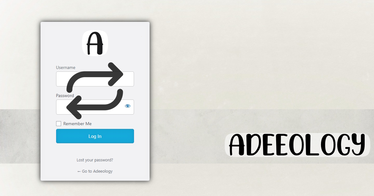 A banner split in half, a WordPress login page with superimposed looping arrows on the left and Adeeology's banner on the right half.