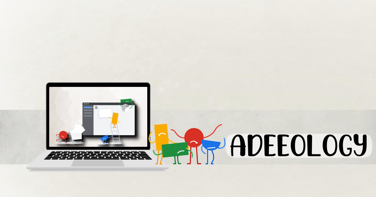 Featured image of the wording Adeeology over a laptop with a database error icon with Google-centric characters showing frowns on their faces.