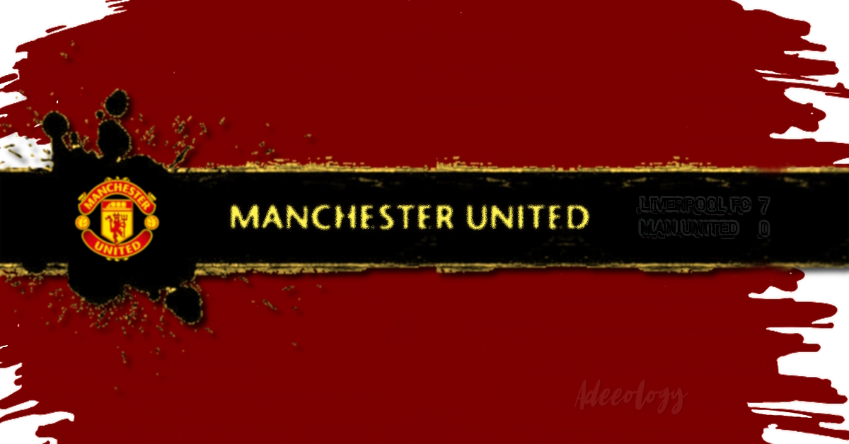 Manchester United banner image, based on paint splashes, with a faint scoreline of Liverpool 7 - 0 Manchester United.