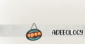 Neon sign, spelling 'open' hanging over the letter e in the wording Adeeology.