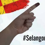 Ink dipped finger, indicating the person has voted, ponting upwards with a Selangor state flag in the top left corner, and the #SelangorMemilih in the lower right section.