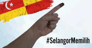 Ink dipped finger, indicating the person has voted, ponting upwards with a Selangor state flag in the top left corner, and the #SelangorMemilih in the lower right section.