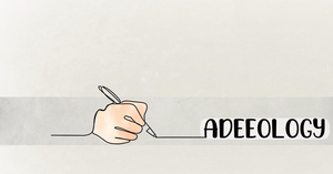 Featured images banner for 'Stories' sub-section, with a one line drawing of a hand holding a pen, underneath the Adeeology logo.